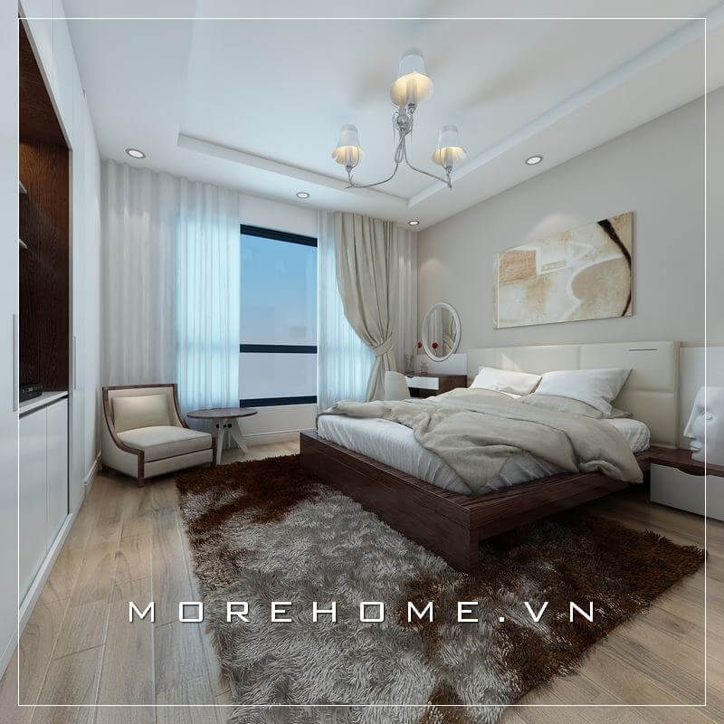 Trang trí phòng ngủ chung cư hiện đại và ấn tượng với chiếc giường ngủ màu nâu gỗ công nghiệp